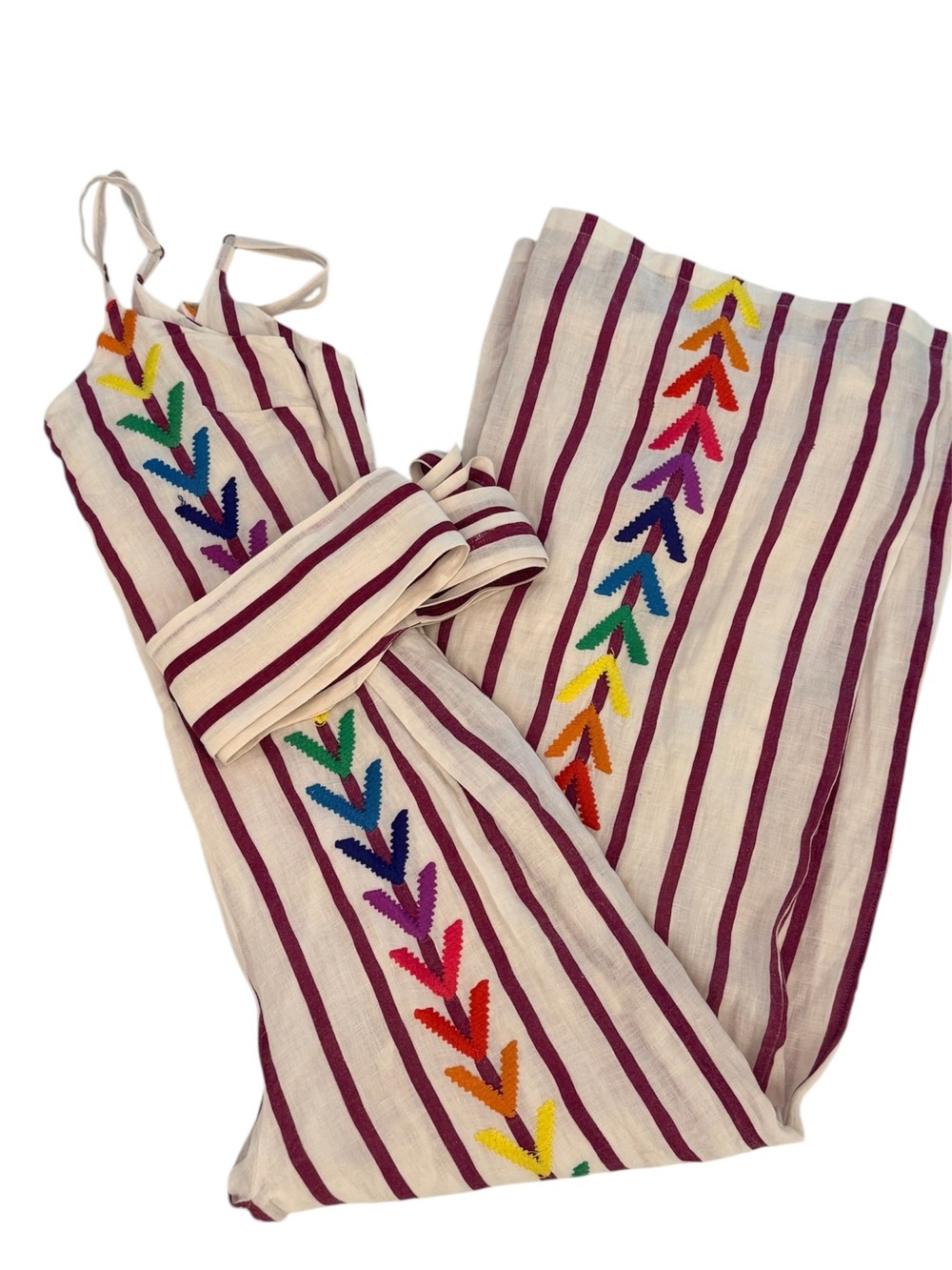 Mochi Embroidered Linen Striped Jumpsuit Rainbow Detail Size S